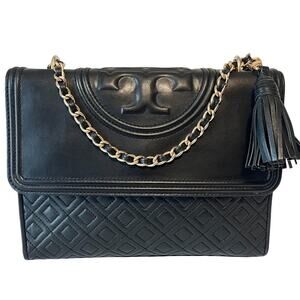 Tory Burch Fleming Leather Convertible Shoulder Bag Crossbody Black Quilted
